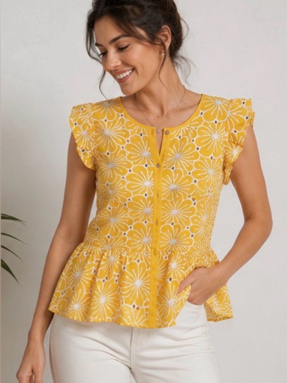 Marc New York Yellow Floral Peplum Button-Front Top - Yellow